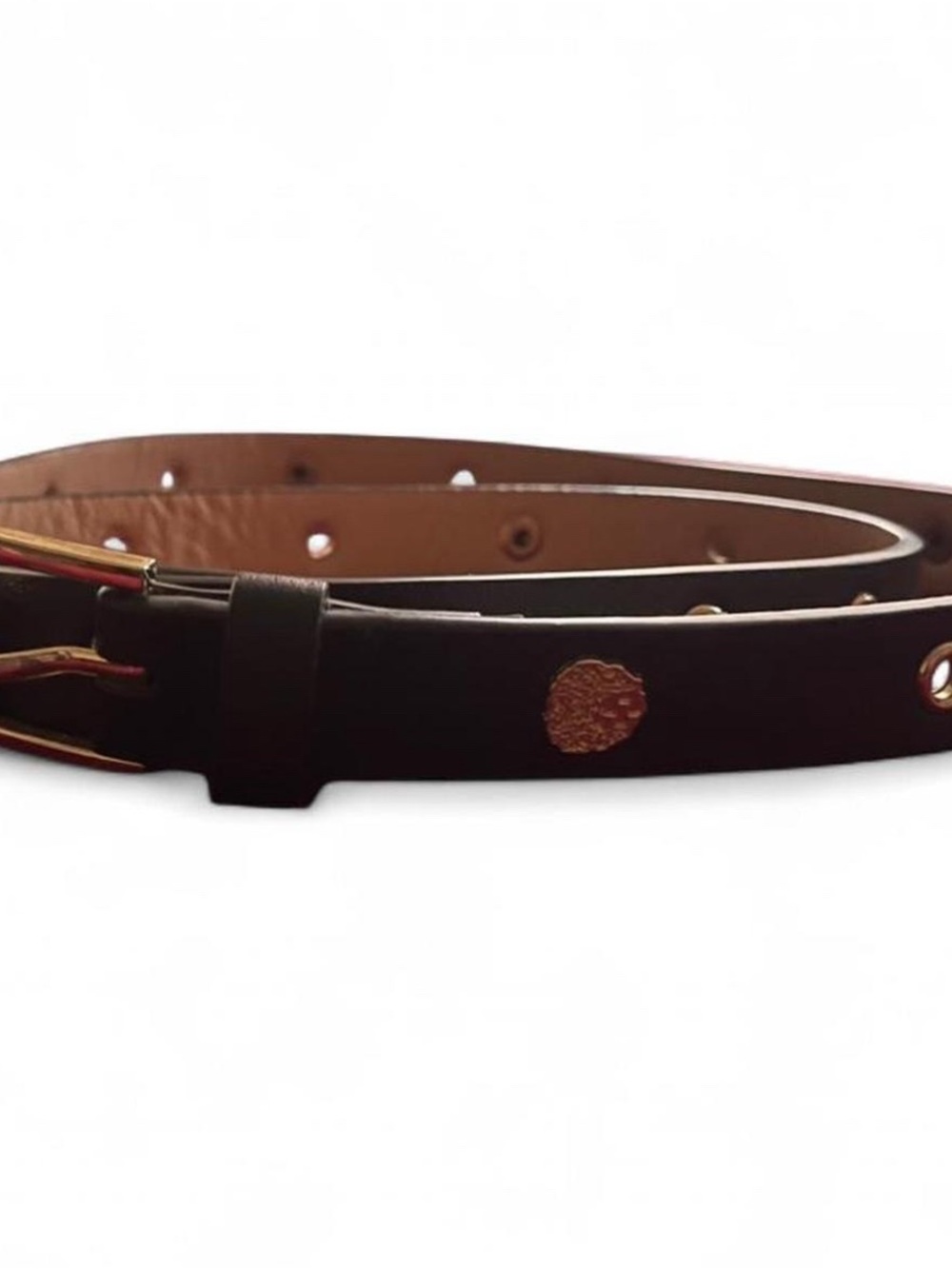 Vince Camuto:Black Leather Men’s Slim Belt with Gold Accents